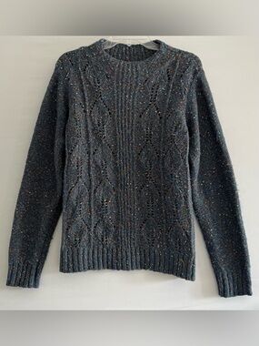 Tribal Blue Tweed Eyelet Boho Knit Eclectic Coastal Sweater L